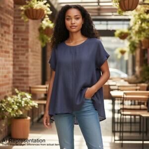 Eileen Fisher Tunic Top Women XL Gray/Black High Low Hem 100% Organic Linen Boho